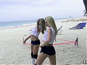 3 teen cuties catch a massive impaler on the beach